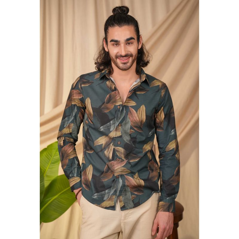Perch Teal Cotton Floral Slim Fit Shirt (XS)
