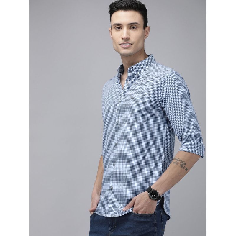 The Bear House Men Blue and White Checked Slim Fit Cotton Casual Shirt (2XL)