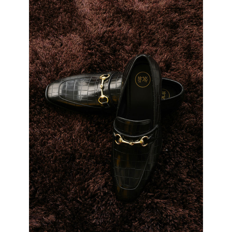 Monkstory Men Horse Bit Croc Effect Slip Ons Black Loafers (UK 9)