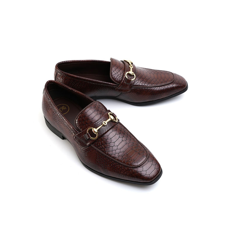 Monkstory Men Horse Bit Snake Effect Slip Ons Brown Loafers (UK 8)