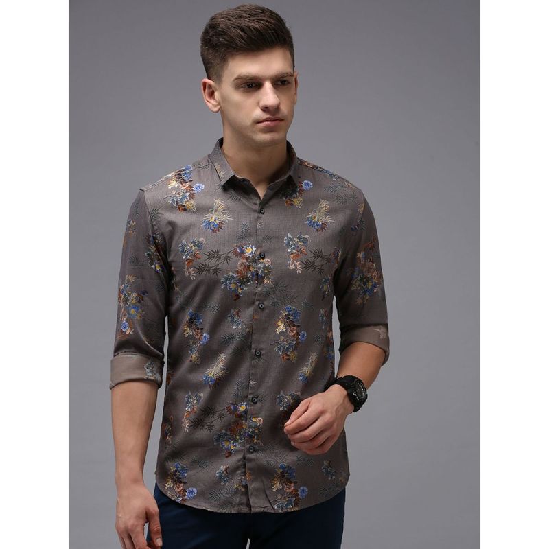 SHOWOFF Men Grey Collar Neck Floral Comfort Fit Shirt (XL)