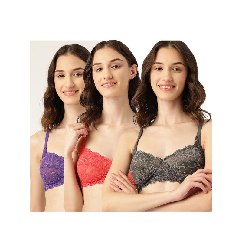 Leading Lady Womens Non-Padded and Non-Wired Lace T-shirt Bra - Multi-Color (Pack of 3) (32B)