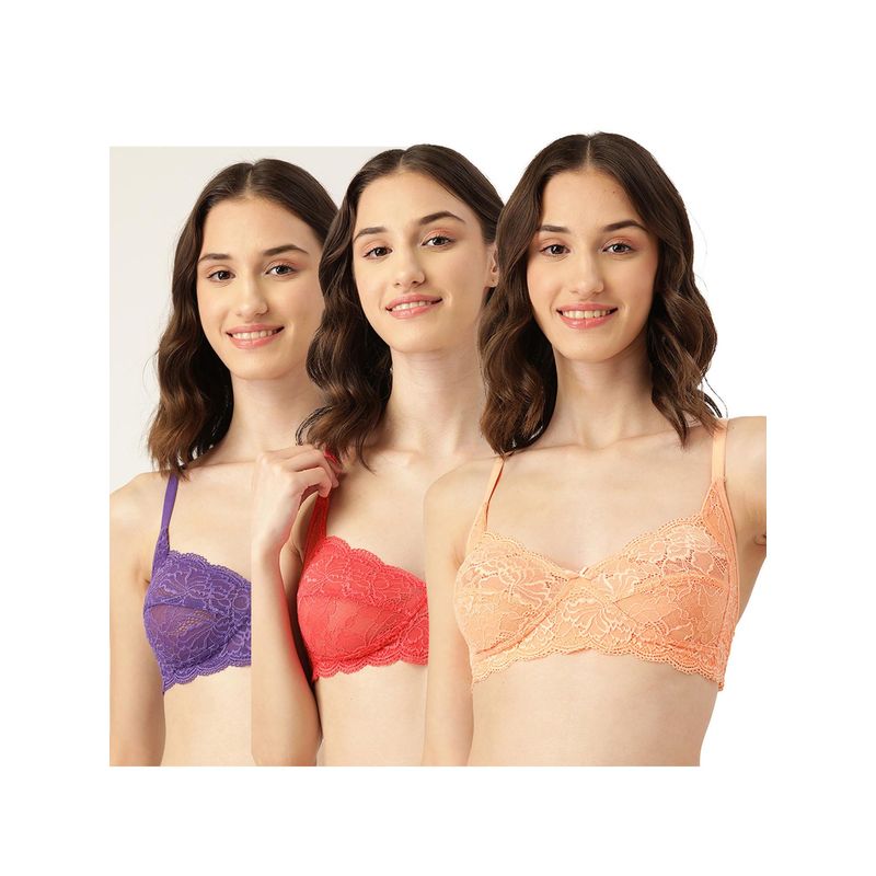 Leading Lady Womens Non-Padded and Non-Wired Lace T-shirt Bra - Multi-Color (Pack of 3) (32B)