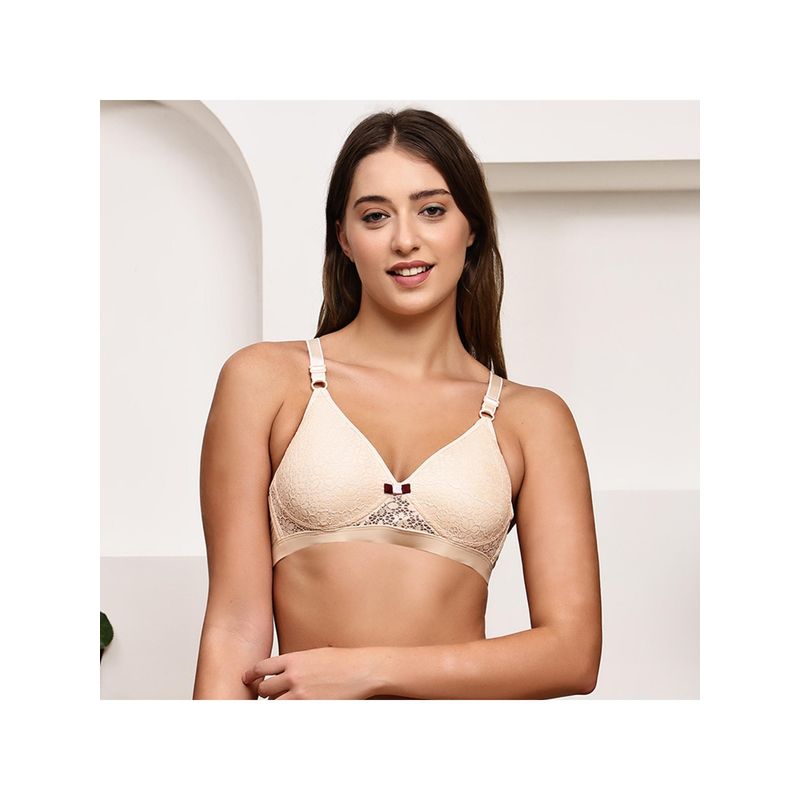 PrettyCat Womens Lace Non-Wired Lightly Padded T-shirt Bra - Beige (30B)