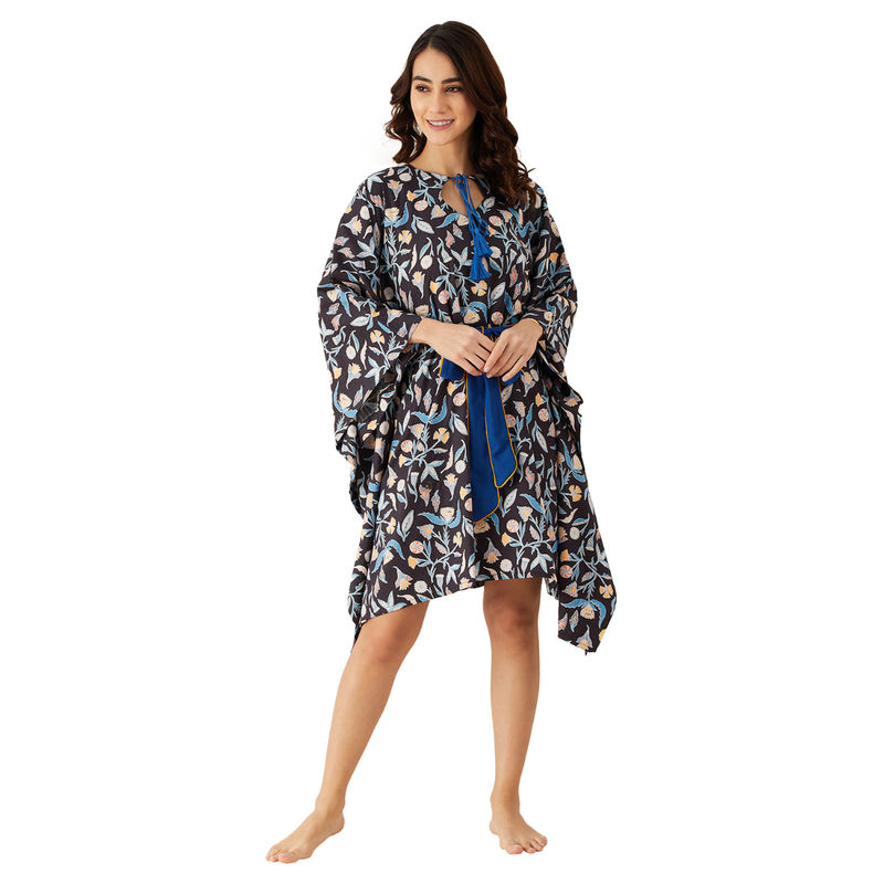 The Kaftan Company Black Floral Blue Leaves Short Kaftan (L)