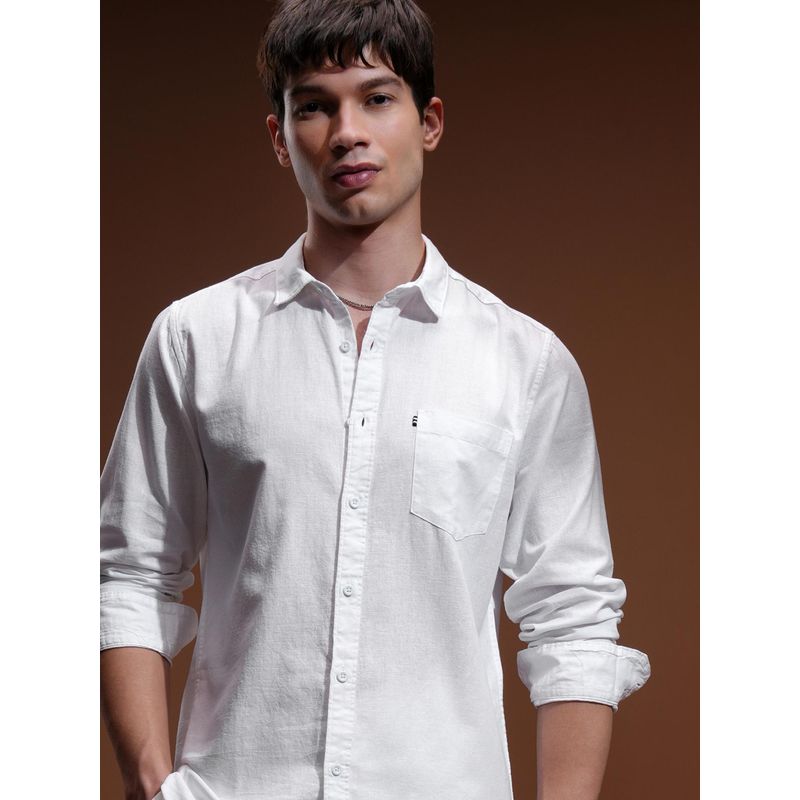 HIGHLANDER Men White Cotton Blend Solid Slim Fit Shirt (L)