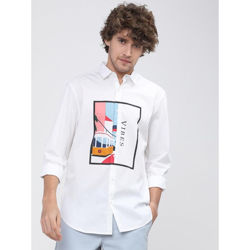 HIGHLANDER Men White Cotton Printed Slim Fit Shirt (M)