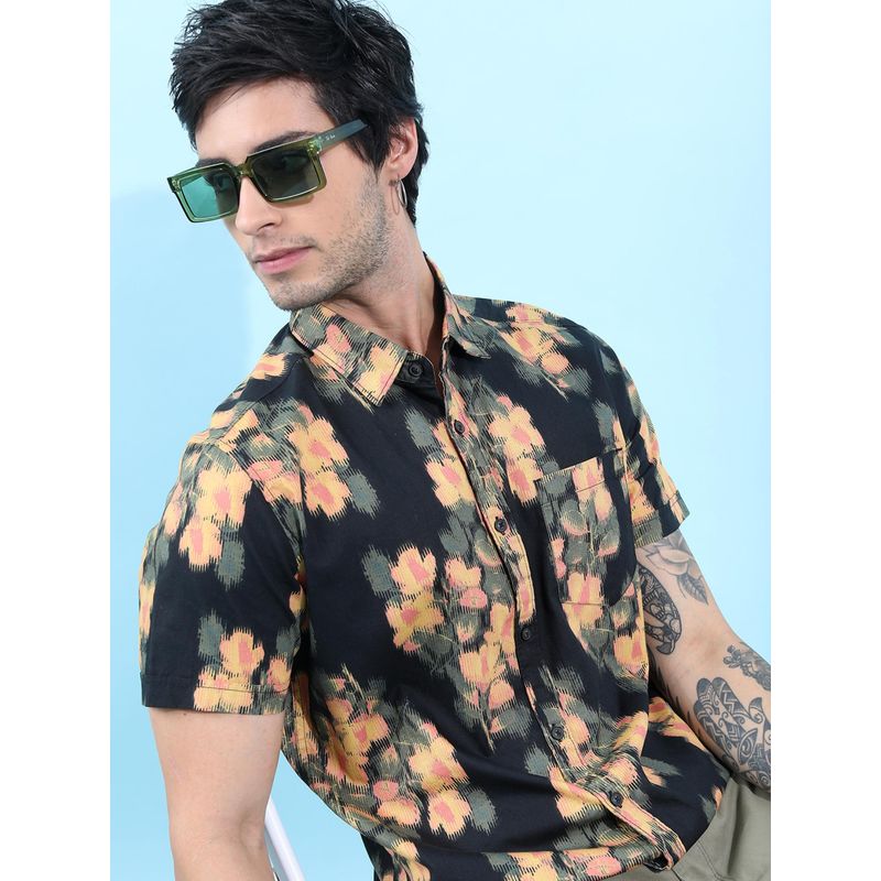HIGHLANDER Men Black Cotton Floral Slim Fit Shirt (M)