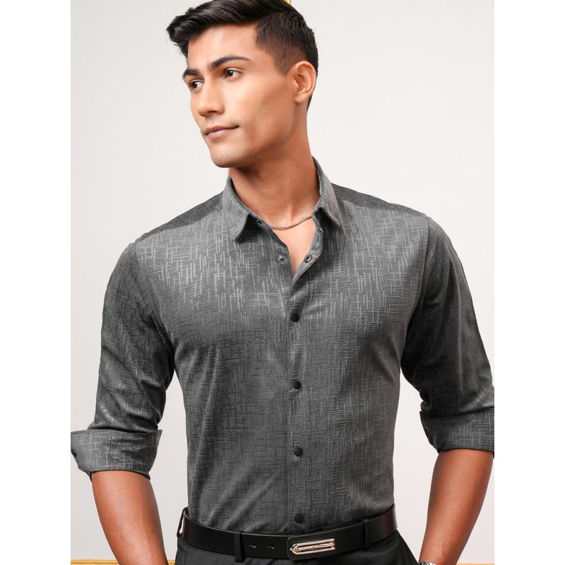 HIGHLANDER Men Grey Polyester Self Design Slim Fit Formal Shirt (L)