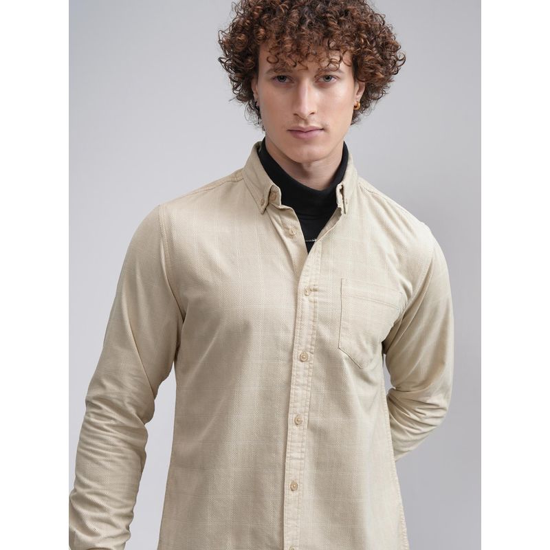 HIGHLANDER Men Beige Cotton Self Design Slim Fit Shirt (L)