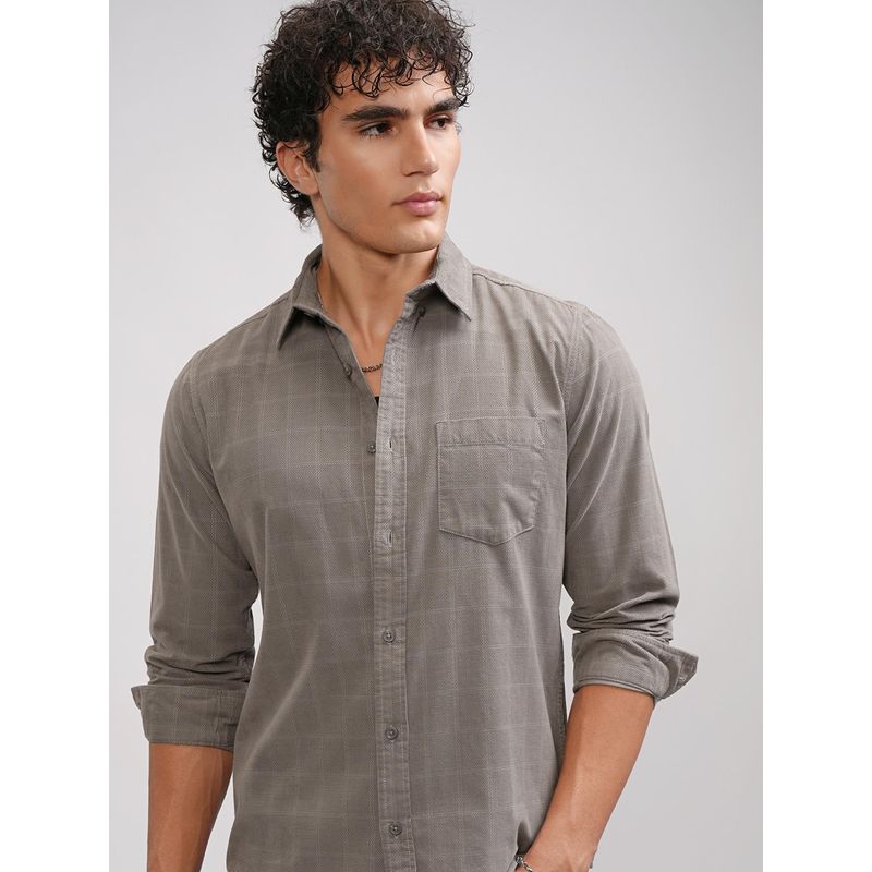 HIGHLANDER Men Grey Cotton Checks Slim Fit Shirt (XL)