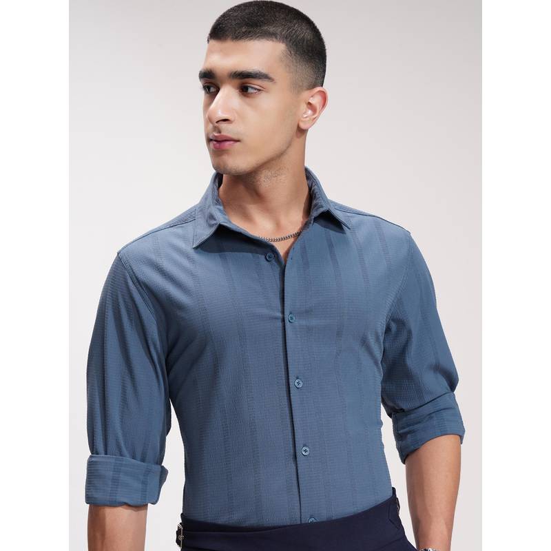HIGHLANDER Men Blue Polyester Blend Stripes Slim Fit Shirt (M)