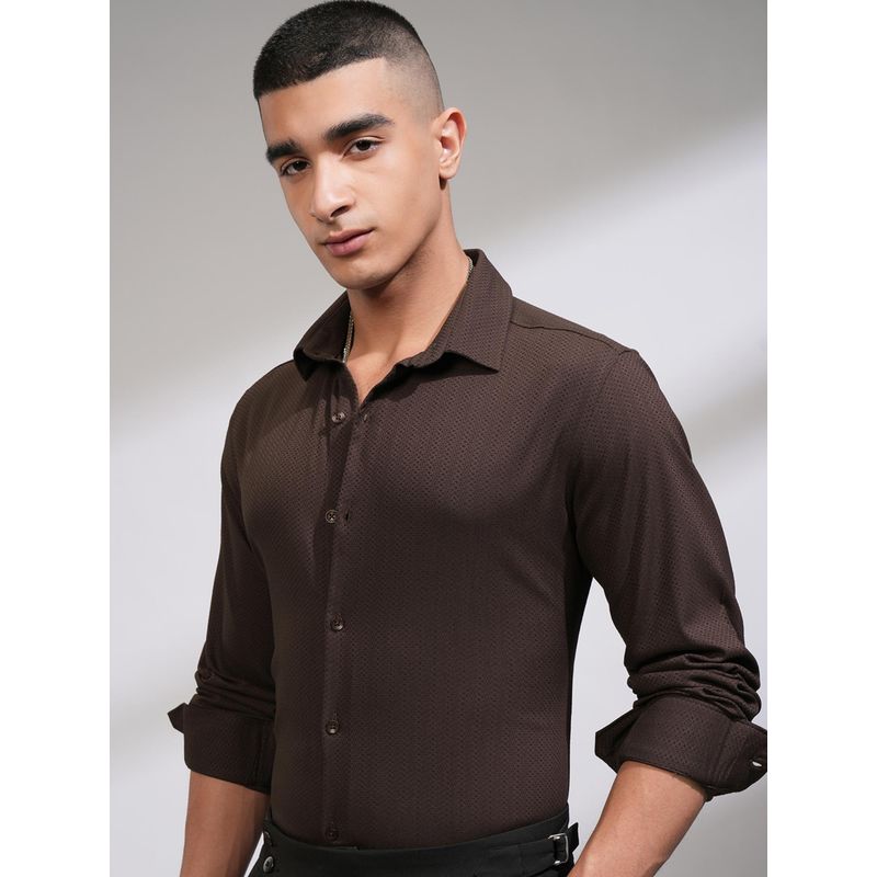 HIGHLANDER Men Brown Polyester Blend Self Design Slim Fit Shirt (L)