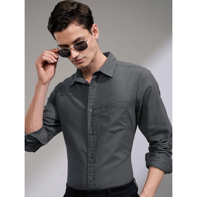 HIGHLANDER Men Grey Cotton Solid Slim Fit Shirt (L)
