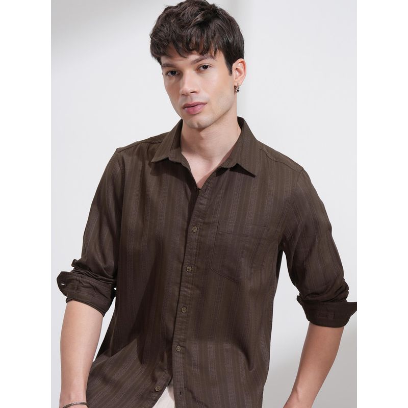 HIGHLANDER Men Brown Cotton Blend Stripes Slim Fit Shirt (M)