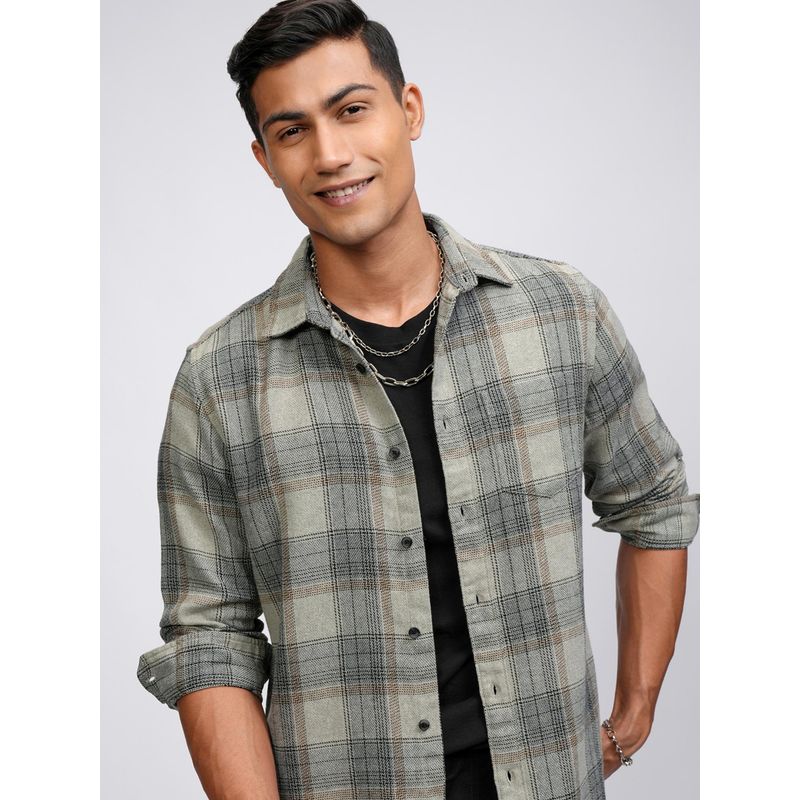 HIGHLANDER Men Olive Cotton Blend Checks Slim Fit Shirt (M)