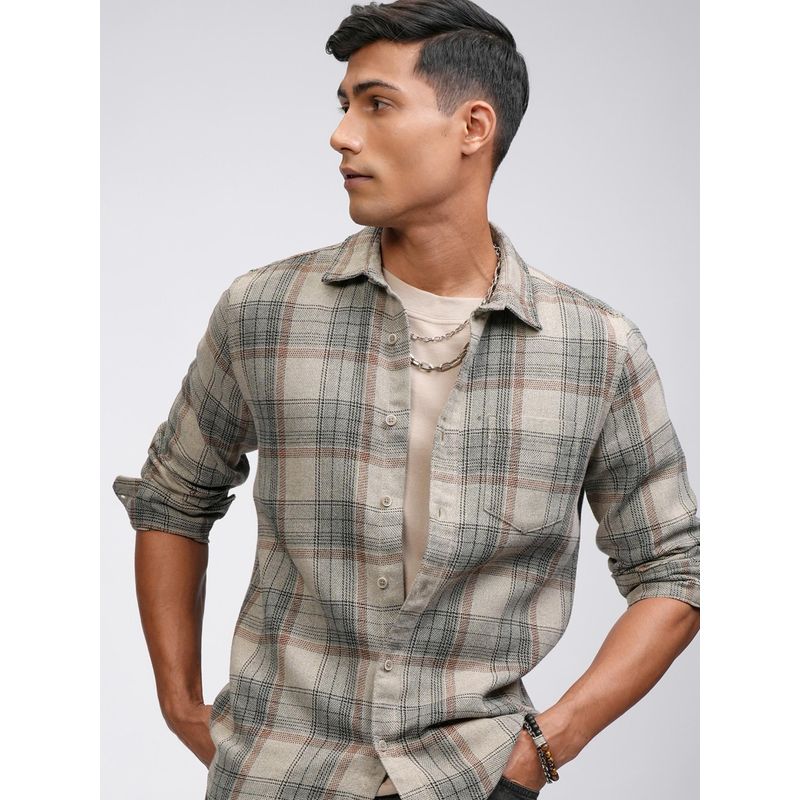 HIGHLANDER Men Beige Cotton Blend Checks Slim Fit Shirt (L)