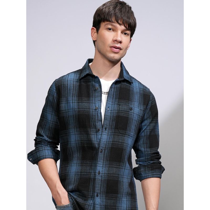 HIGHLANDER Men Blue Cotton Checks Slim Fit Shirt (L)