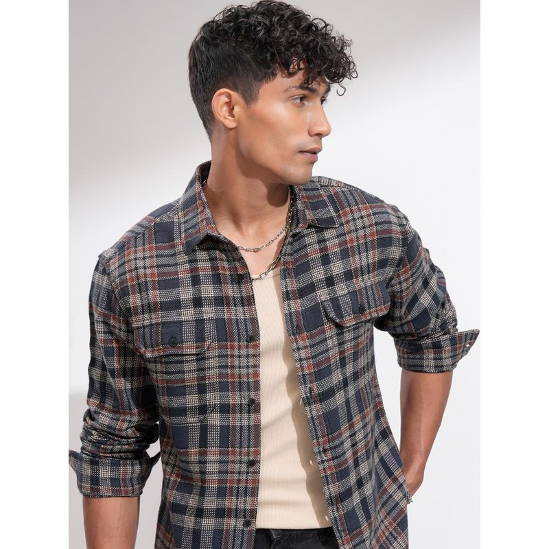 HIGHLANDER Men Navy Blue Cotton Checks Relaxed Fit Shirt (M)