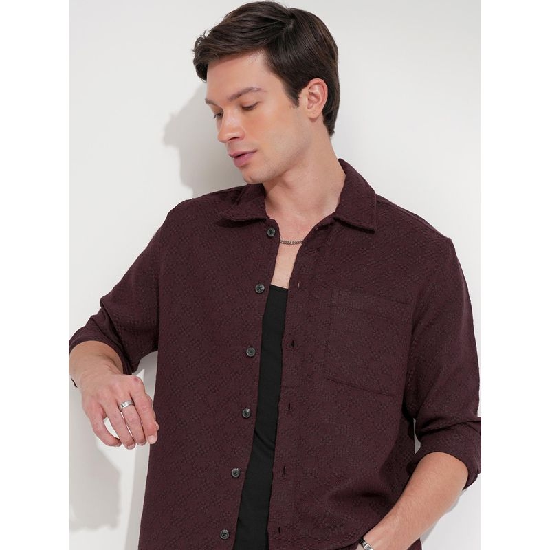 HIGHLANDER Men Maroon Cotton Blend Self Design Relaxed Fit Shirt (L)