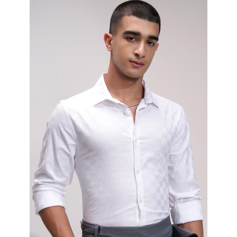 HIGHLANDER Men White Cotton Self Design Slim Fit Formal Shirt (L)