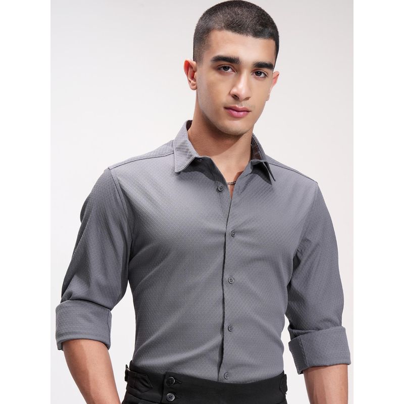 HIGHLANDER Men Grey Polyester Blend Solid Slim Fit Formal Shirt (L)