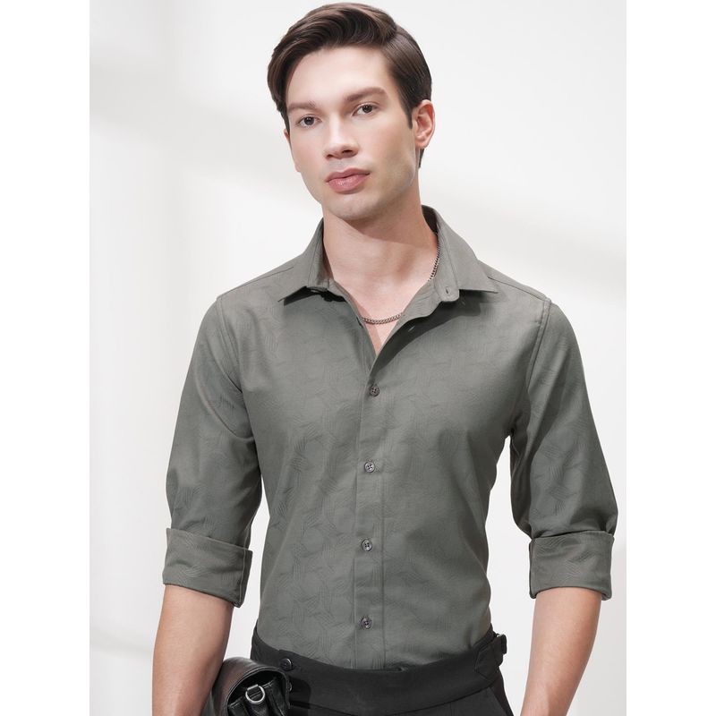 HIGHLANDER Men Grey Cotton Blend Textured Slim Fit Formal Shirt (L)