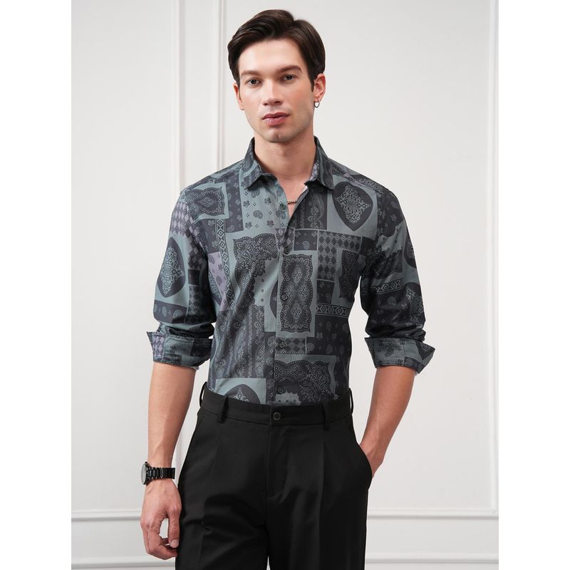 HIGHLANDER Men Grey Cotton Printed Slim Fit Shirt (S)
