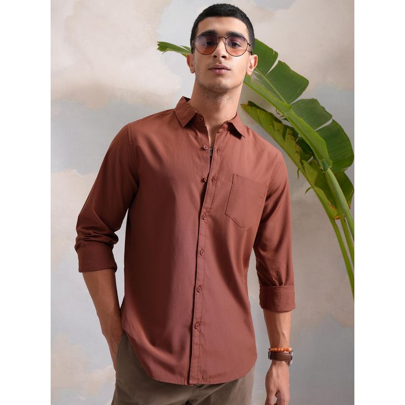 HIGHLANDER Men Brown Polyester Blend Solid Slim Fit Shirt (L)