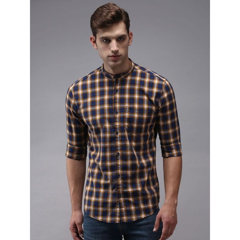 SHOWOFF Men Navy Blue Mandarin Collar Gingham Checks Classic Fit Shirt (M)
