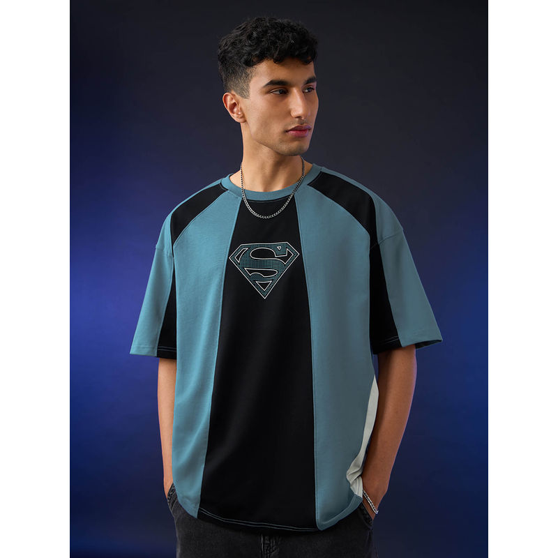 The Souled Store Official Superman: Pixel Logo Oversized Teal T-shirt (XL)