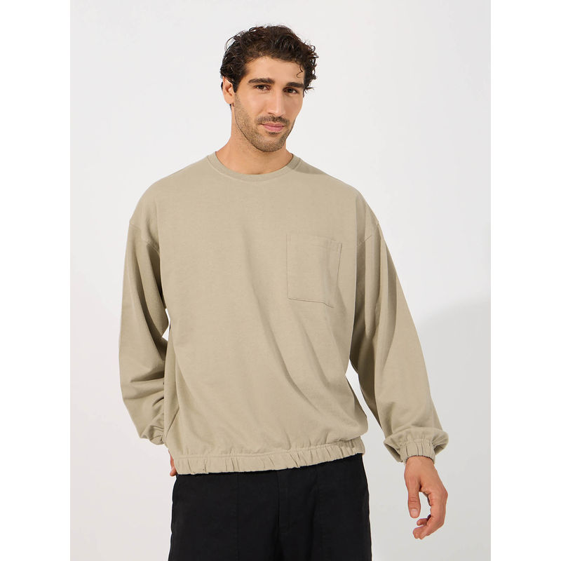 Styli Men Elasticated Cuff and Collar Detail Utility Boxy Beige Sweatshirt (M)