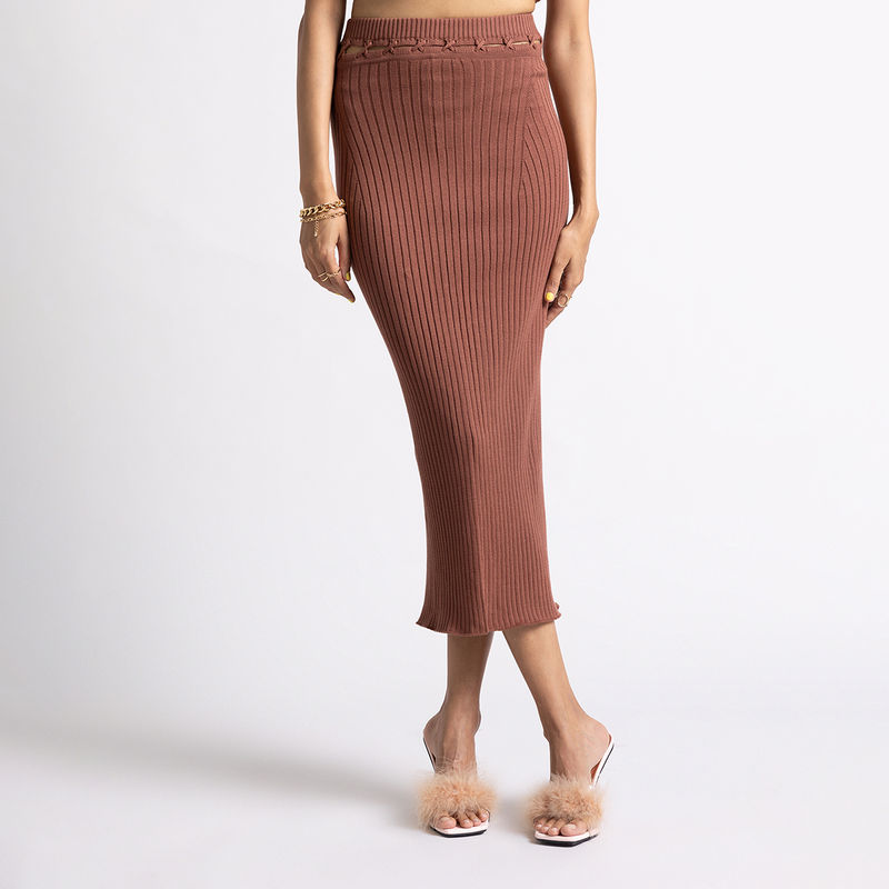 MIXT by Nykaa Fashion Brown Ribbed High Waist Slit Bodycon Midi Skirt (26)