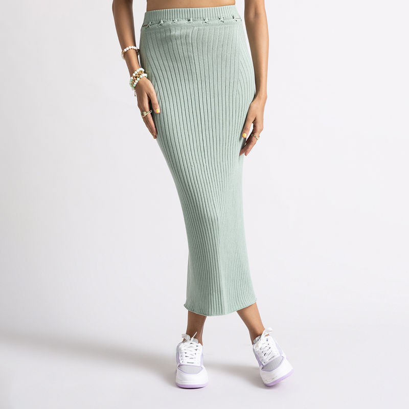 MIXT by Nykaa Fashion Green Ribbed High Waist Slit Bodycon Midi Skirt (34)