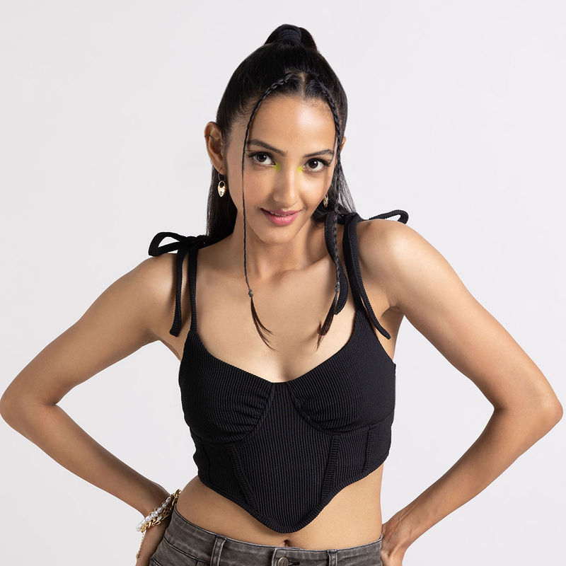MIXT by Nykaa Fashion Black Ribbed Solid Corset Crop Top (L)