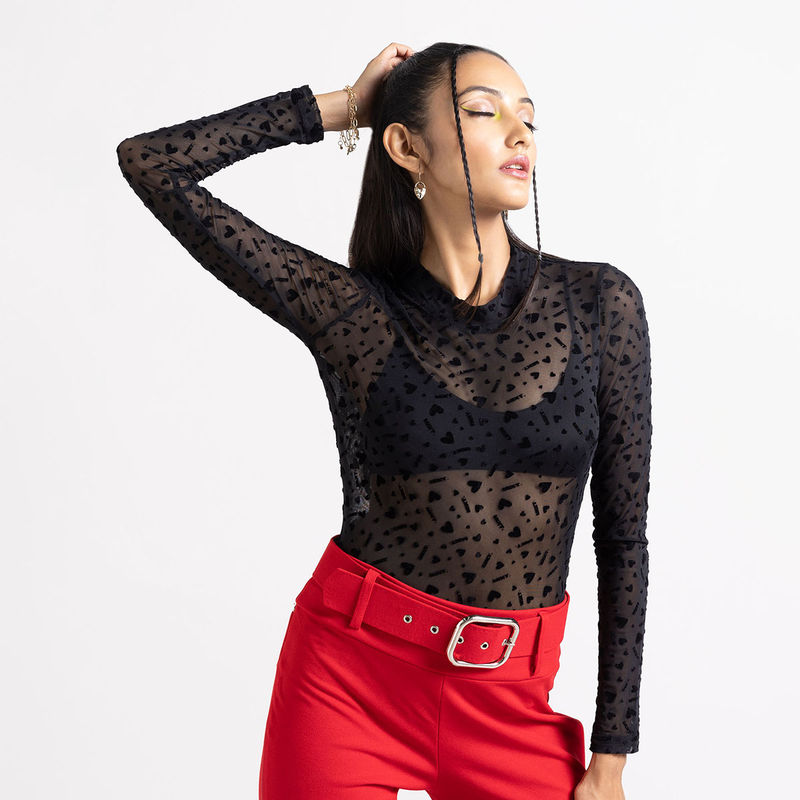 MIXT by Nykaa Fashion Black Textured Fitted Mesh Full Sleeves Bodysuit (M)
