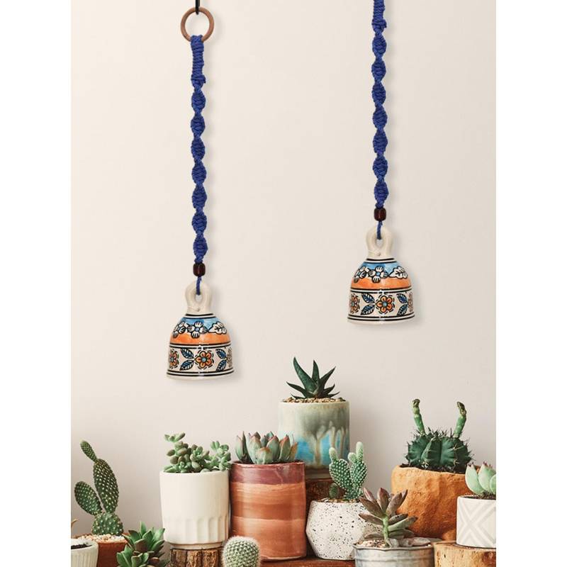 Curated visual reference: Macrame Pottery Wall Hanging Reference: Buy Gathari Macrame Ceramic Blue Floral Bell Home Wall Hanging