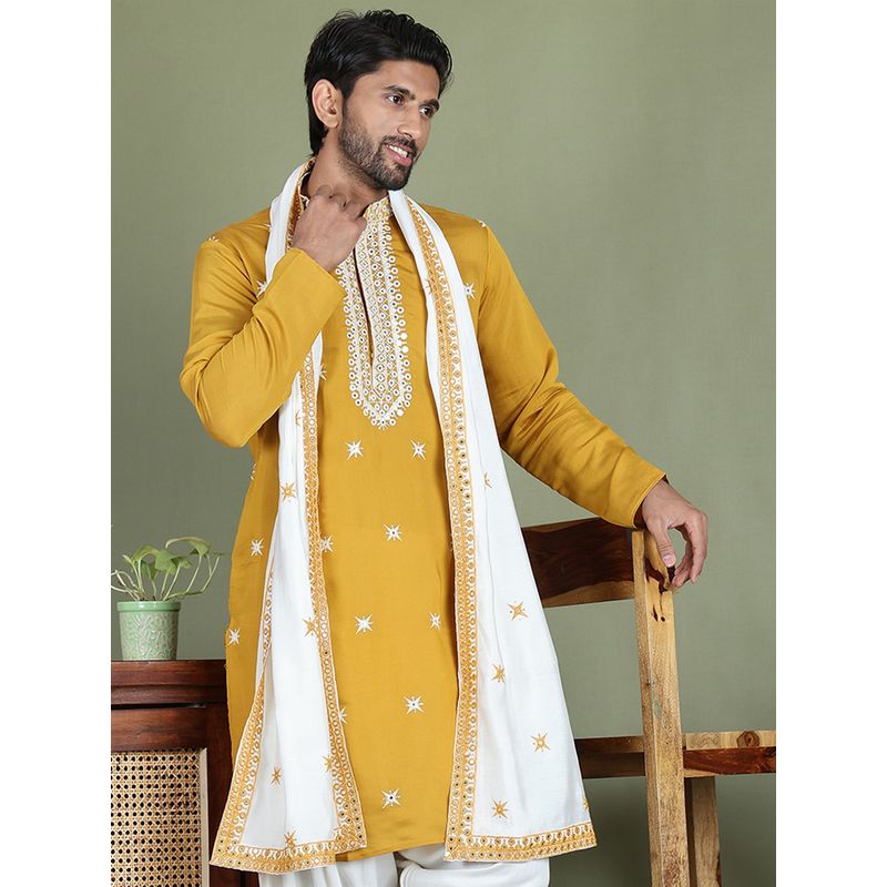 Jompers Men Mustard Embroidered Silk Blend Kurta with White Dupatta (L)