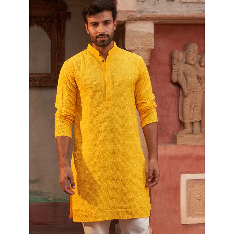 Jompers Men Yellow Embroidered Chikankari and Sequence Kurta (M)