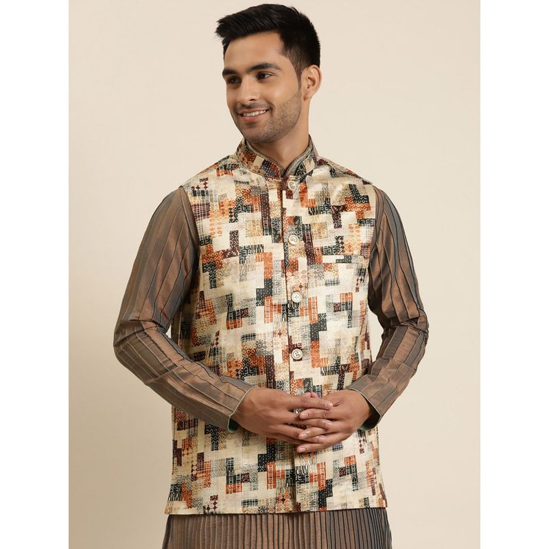SOJANYA Silk Blend Beige Printed Only Nehru Jacket (S)