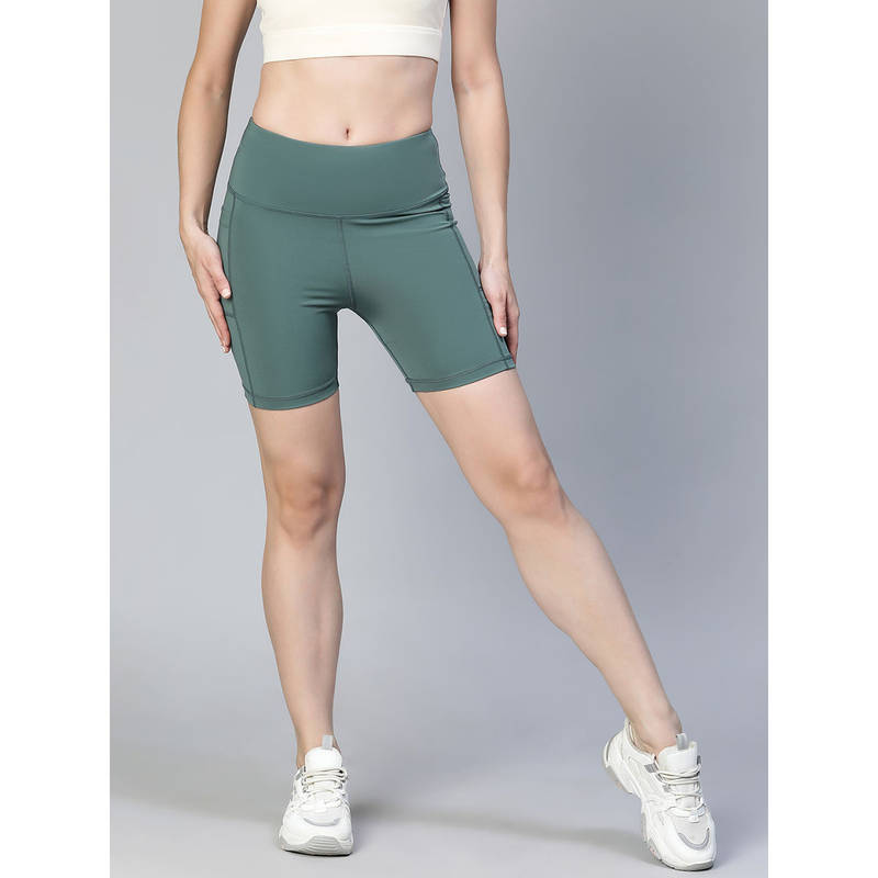 Athlisis Women F Green Mid Waist Fitness Shorts (S)