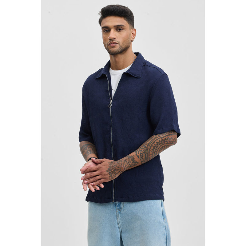 Snitch Navy Blue Textured Half Sleeves Oversized Casual Shirt (S)