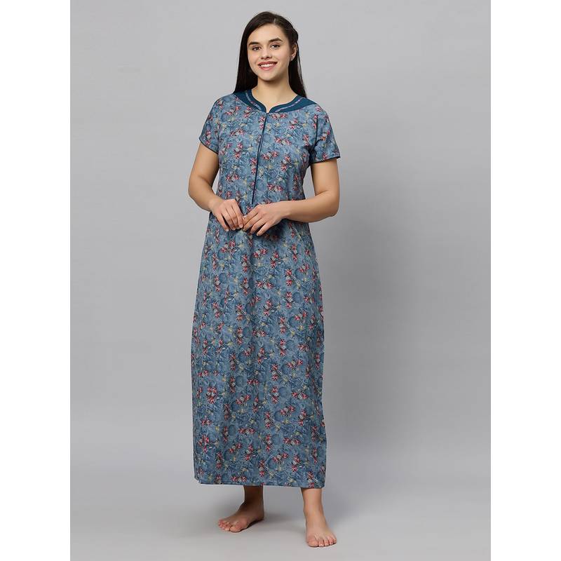 Quira Women Blue Cotton Blend Printed Nightdress (M)
