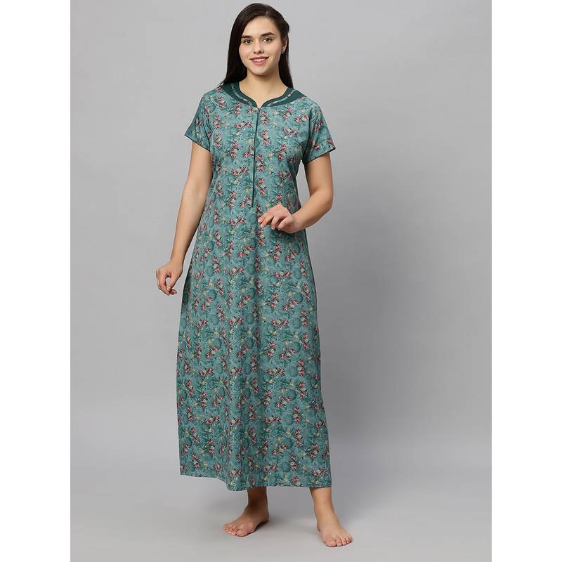 Quira Women Blue Cotton Blend Printed Nightdress (M)