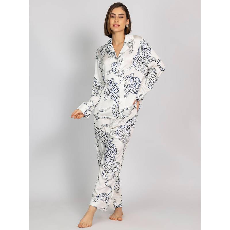 Chelvet Women White Satin Printed Shirt with Pyjama (M)