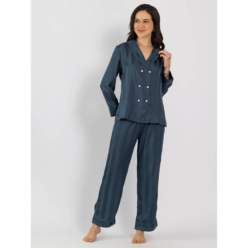 Chelvet Women Blue Satin Stripes Shirt with Pyjama (M)