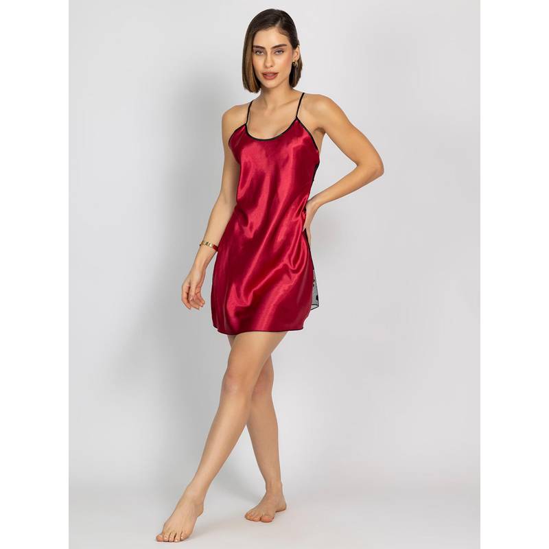 Chelvet Women Red Satin Solid Nightdress (S)
