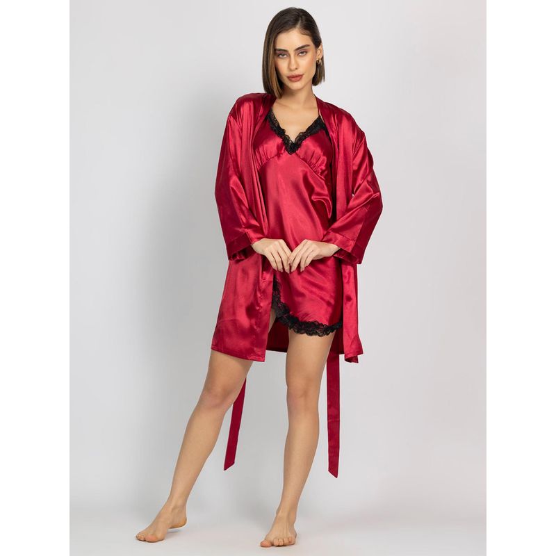 Chelvet Women Red Satin Solid Nightdress with Robe and Belt (S)