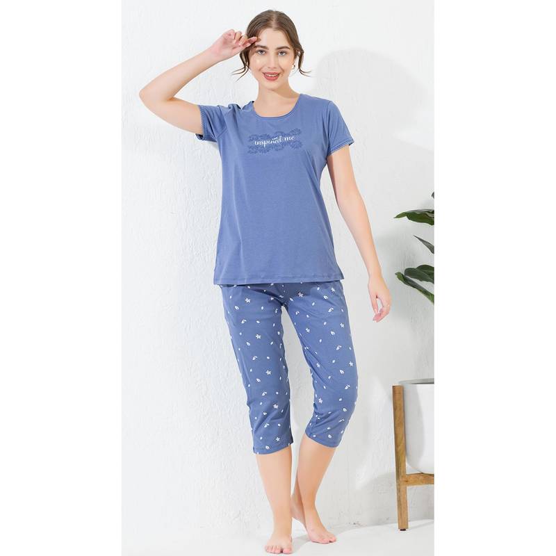Quira Women Blue Pure Cotton Printed Top with Capri (S)