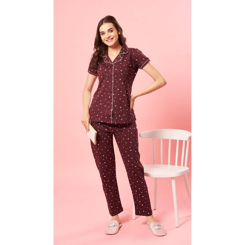 Quira Women Wine Pure Cotton Printed Top with Pyjama (L)